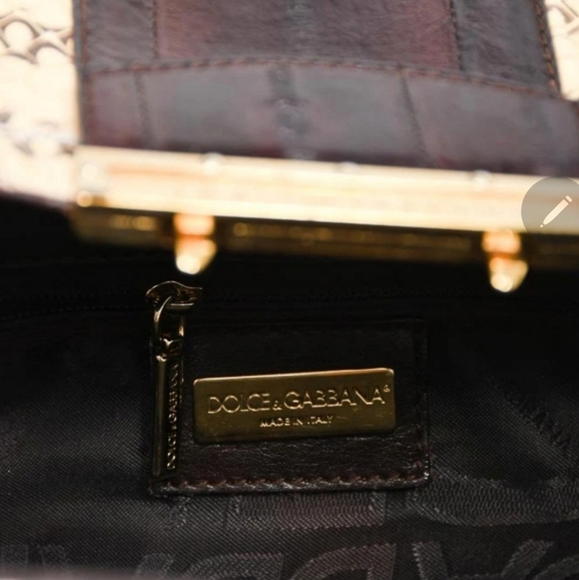 DOLCE & GABBANA YELLOW SNAKESKIN LEATHER/BEIGE RAFFIA SHOULDER BAG - Picture 3 of 7